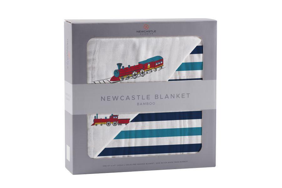 Vintage Steam Trains and Blue Stripe Bamboo Muslin Newcastle Blanket - Castle Anna