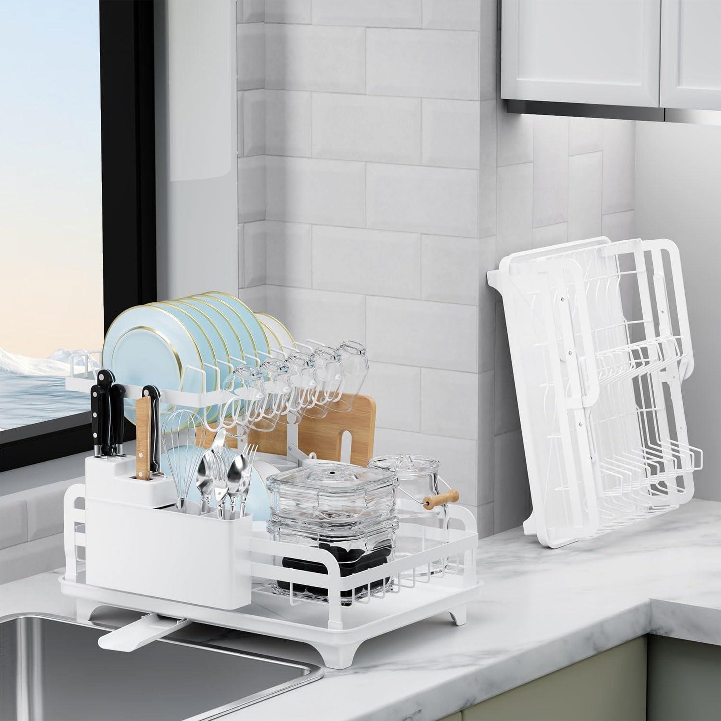 Double Layer Kitchen Dish Drain Rack With Cup Rack And Cutlery Rack - Castle Anna