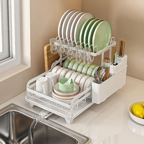 Double Layer Kitchen Dish Drain Rack With Cup Rack And Cutlery Rack - Castle Anna