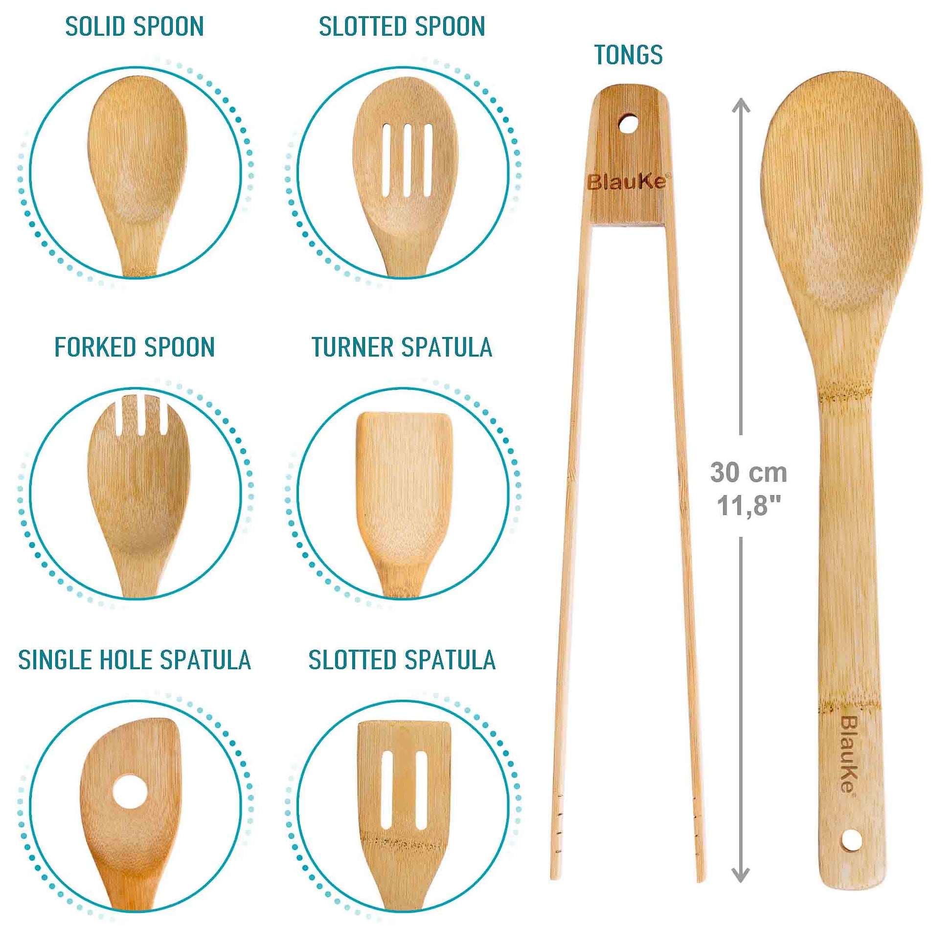 Wooden Spoons for Cooking 7-Pack - Bamboo Kitchen Utensils Set - Castle Anna