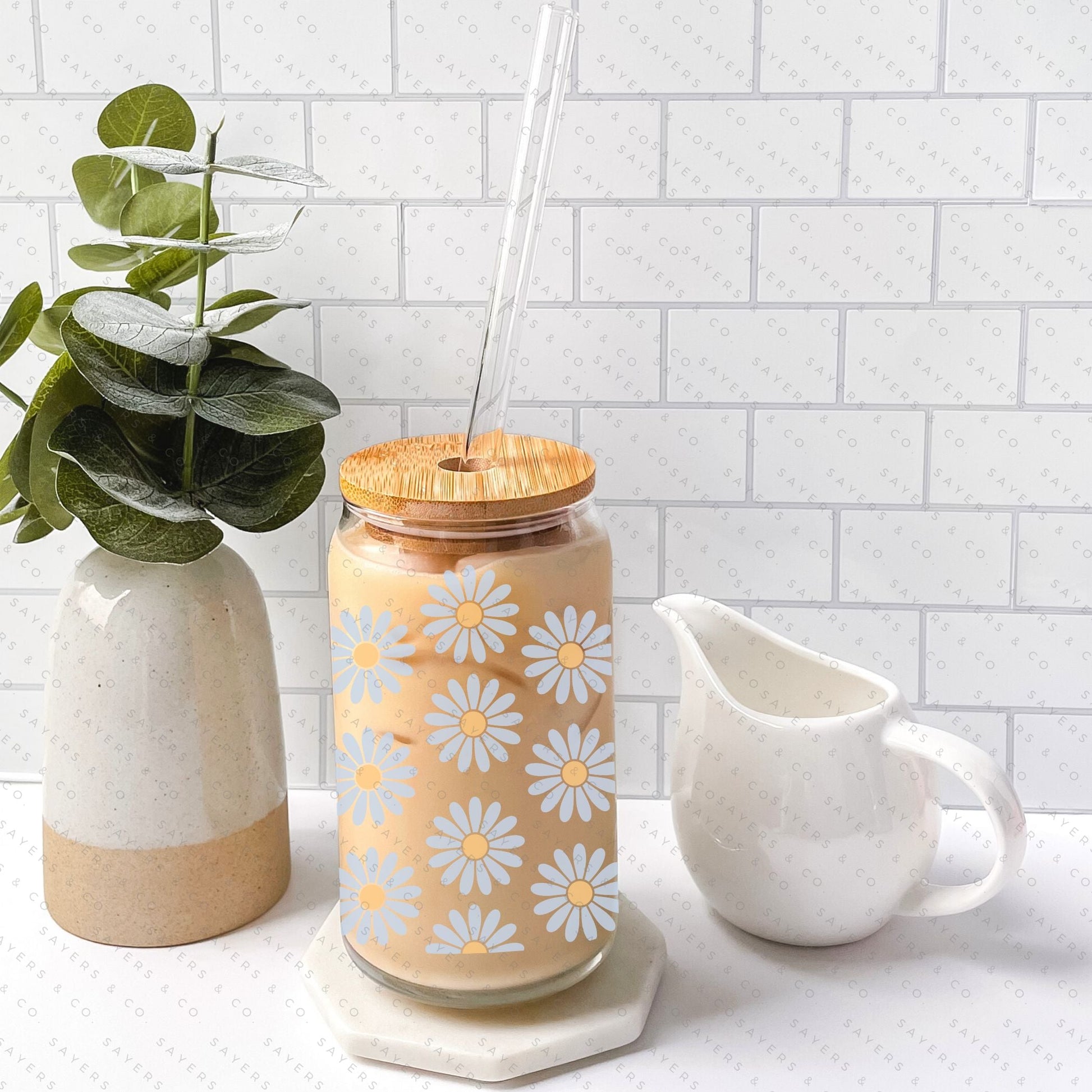 16oz Daisies Glass Cup with Bamboo Lid & Straw #100111 - Castle Anna