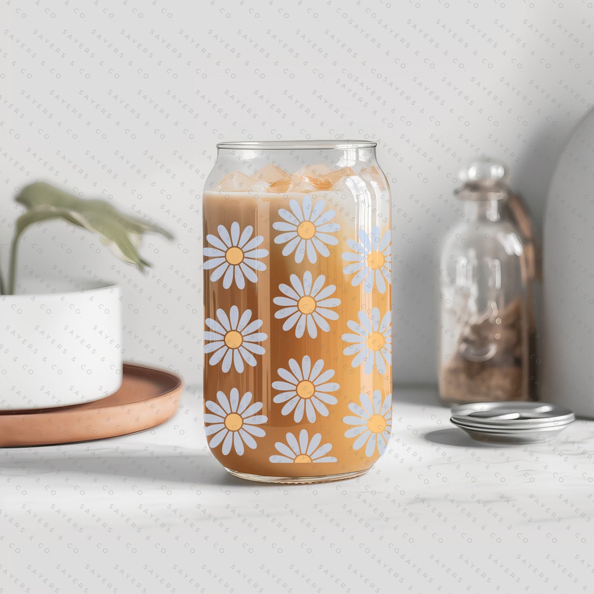 16oz Daisies Glass Cup with Bamboo Lid & Straw #100111 - Castle Anna