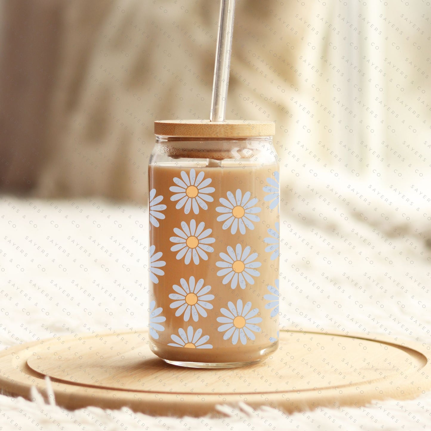 16oz Daisies Glass Cup with Bamboo Lid & Straw #100111 - Castle Anna