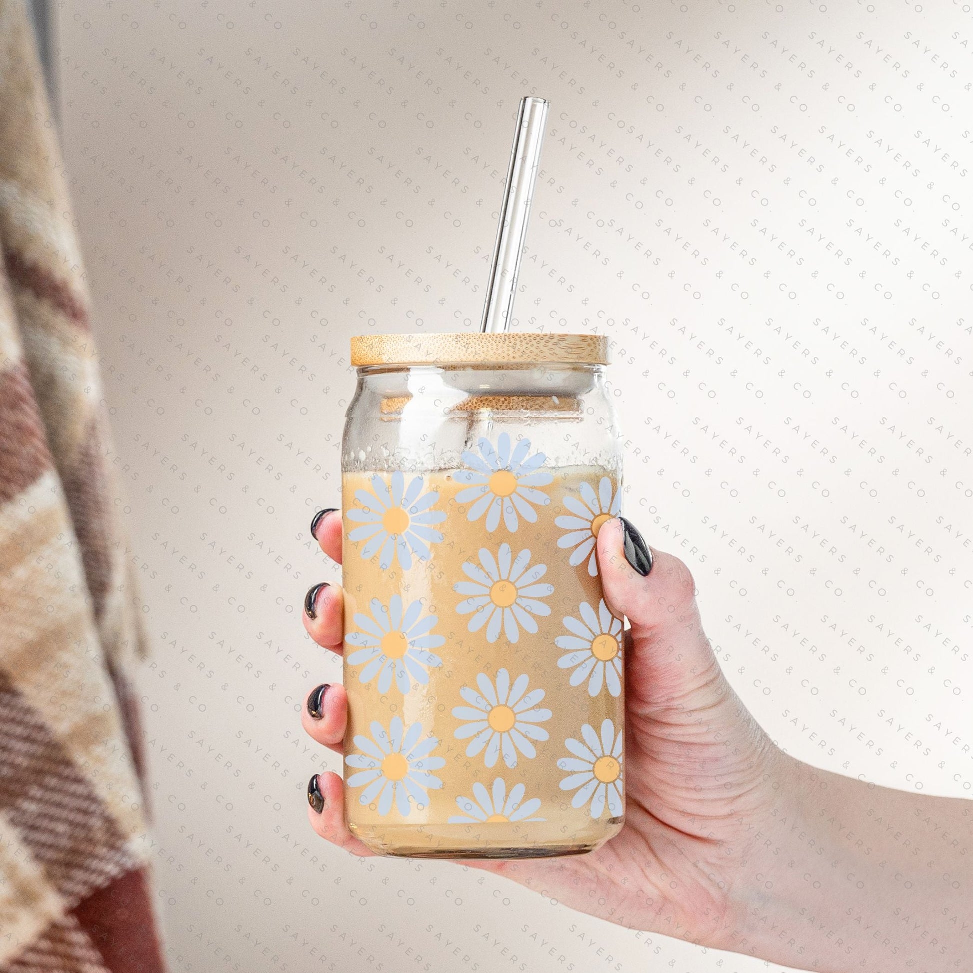 16oz Daisies Glass Cup with Bamboo Lid & Straw #100111 - Castle Anna