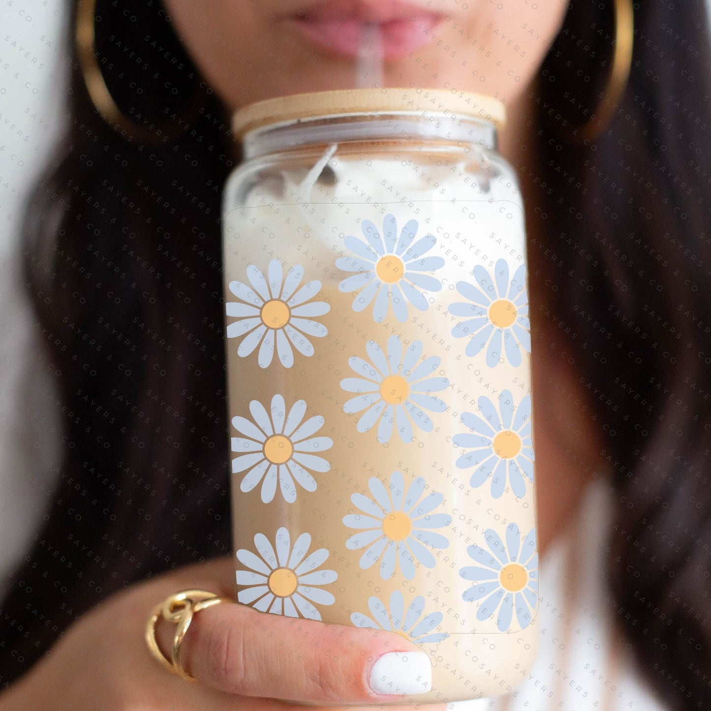 16oz Daisies Glass Cup with Bamboo Lid & Straw #100111 - Castle Anna