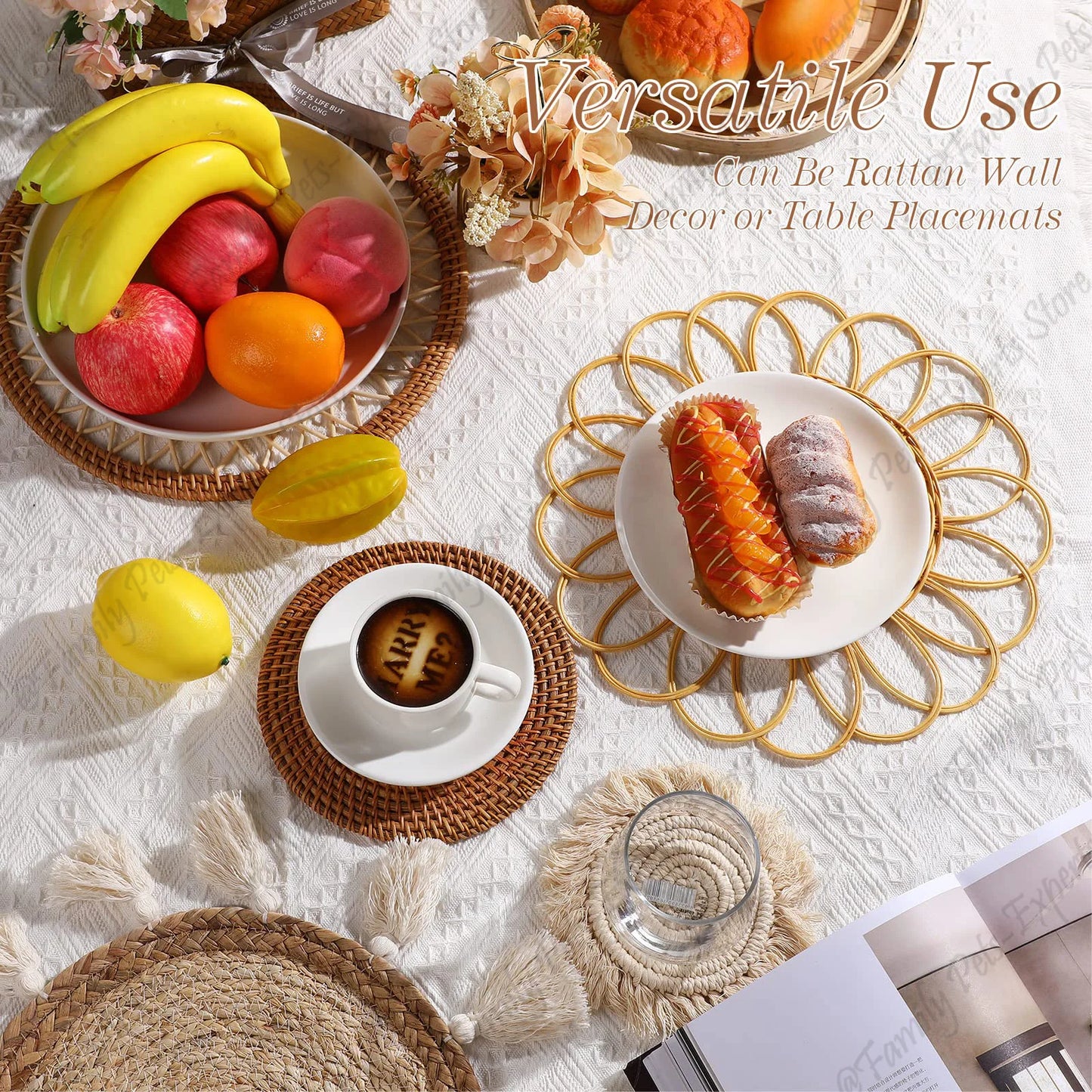 7Pcs Boho Rattan Wall Decor Hanging Woven Baskets Decor Bohemian Home Decor Handmade Wicker Wall Decor for Bedroom Farmhouse - Castle Anna