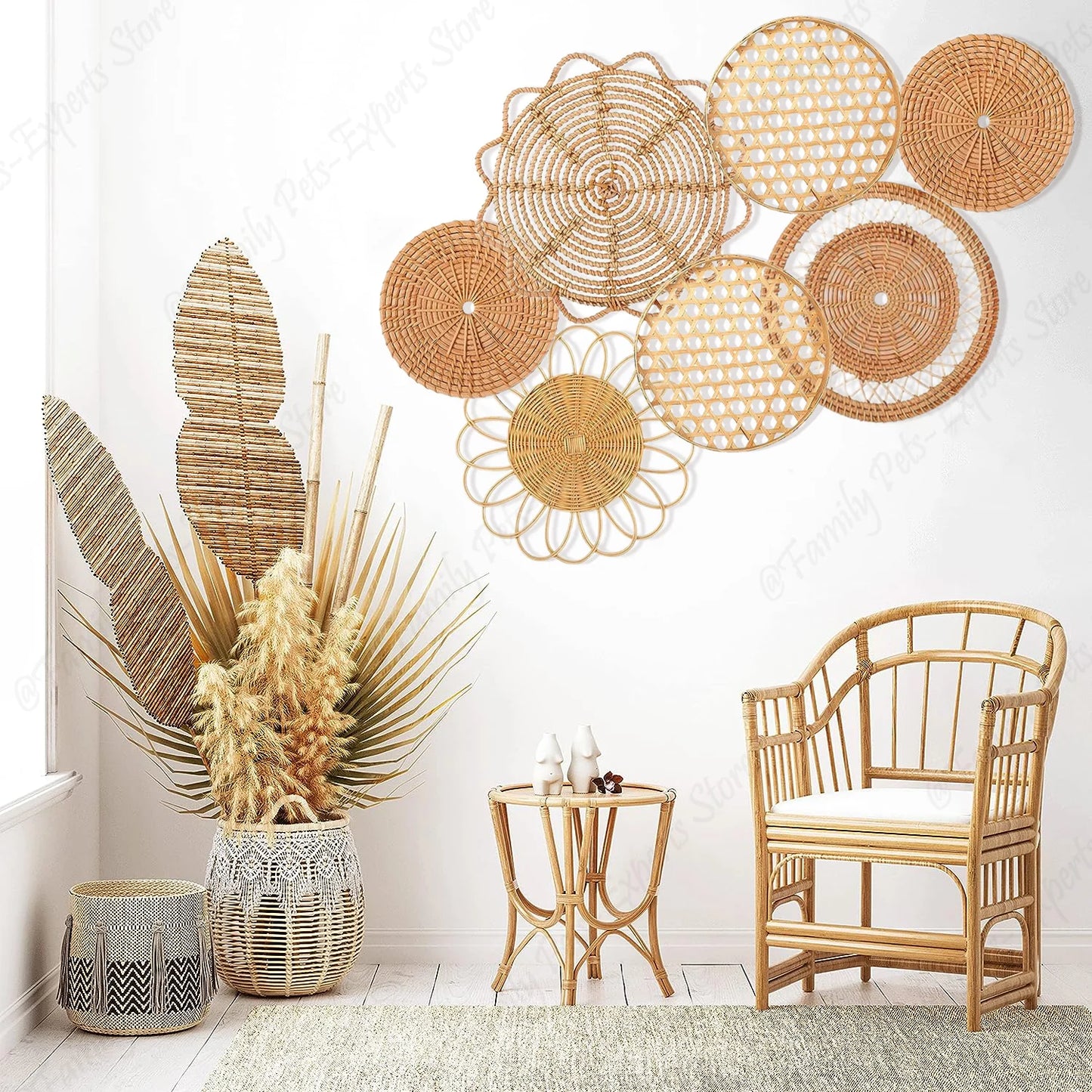 7Pcs Boho Rattan Wall Decor Hanging Woven Baskets Decor Bohemian Home Decor Handmade Wicker Wall Decor for Bedroom Farmhouse - Castle Anna