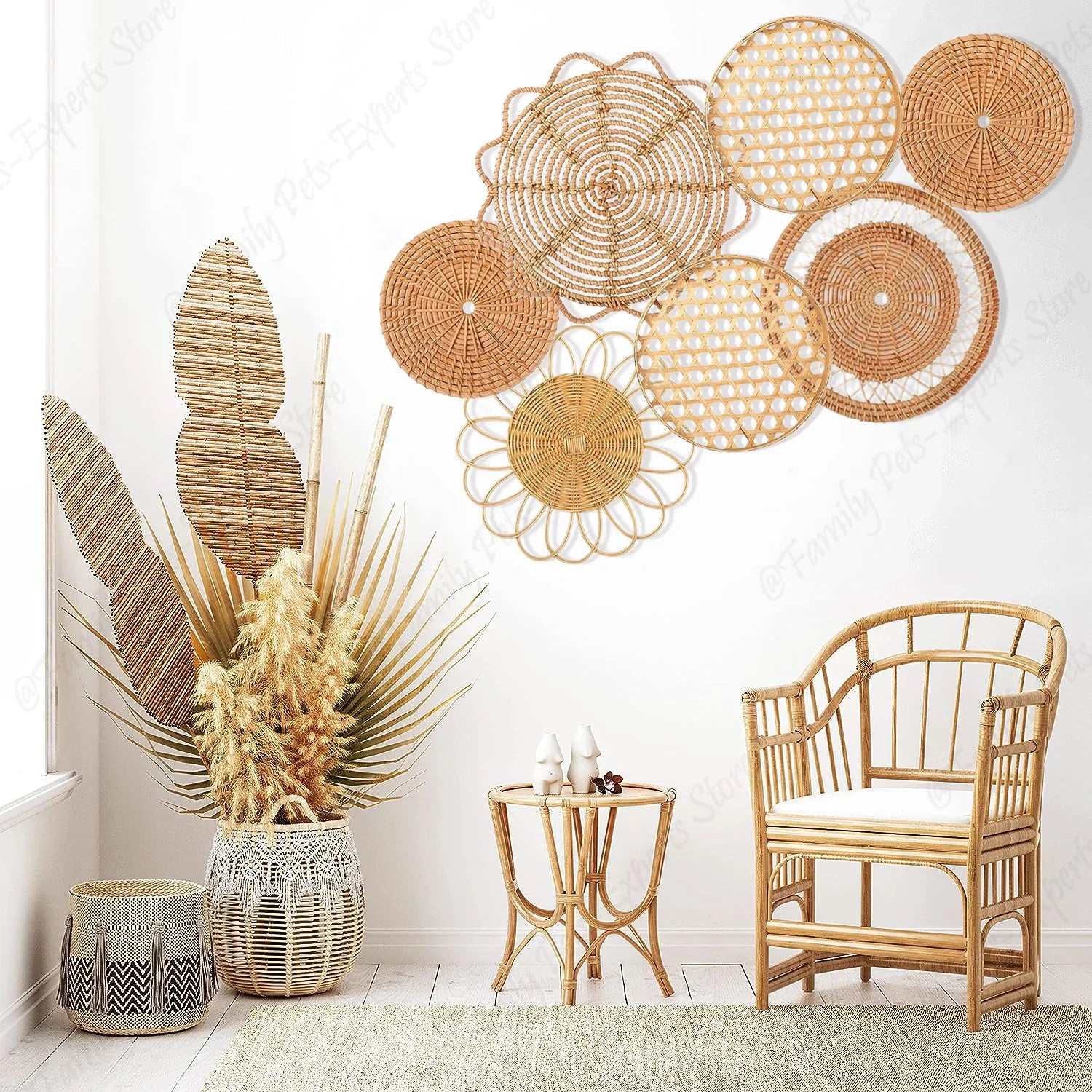 7Pcs Boho Rattan Wall Decor Hanging Woven Baskets Decor Bohemian Home Decor Handmade Wicker Wall Decor for Bedroom Farmhouse - Castle Anna