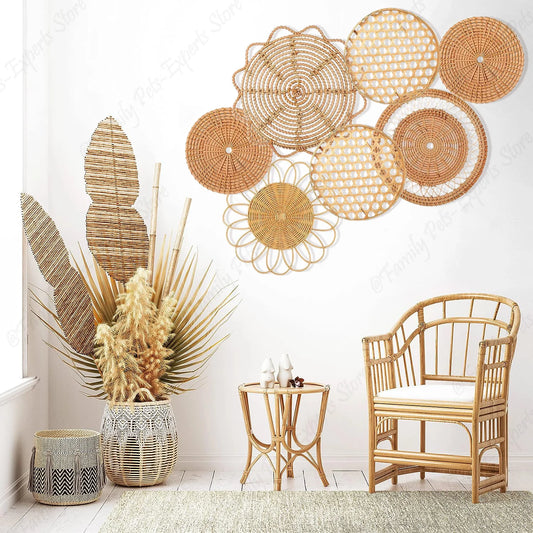 7Pcs Boho Rattan Wall Decor Hanging Woven Baskets Decor Bohemian Home Decor Handmade Wicker Wall Decor for Bedroom Farmhouse - Castle Anna