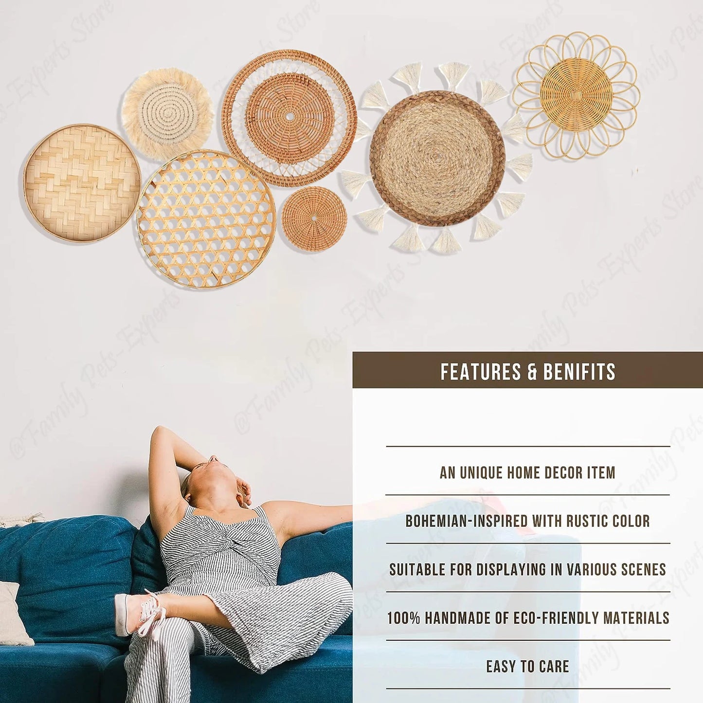 7Pcs Boho Rattan Wall Decor Hanging Woven Baskets Decor Bohemian Home Decor Handmade Wicker Wall Decor for Bedroom Farmhouse - Castle Anna