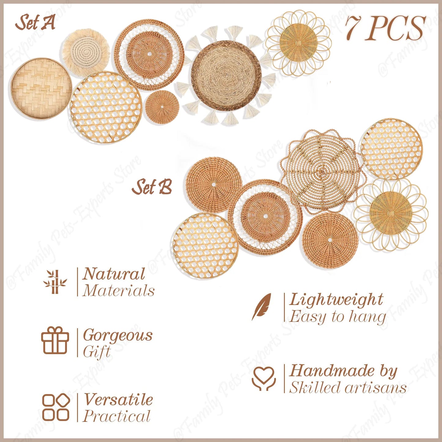 7Pcs Boho Rattan Wall Decor Hanging Woven Baskets Decor Bohemian Home Decor Handmade Wicker Wall Decor for Bedroom Farmhouse - Castle Anna