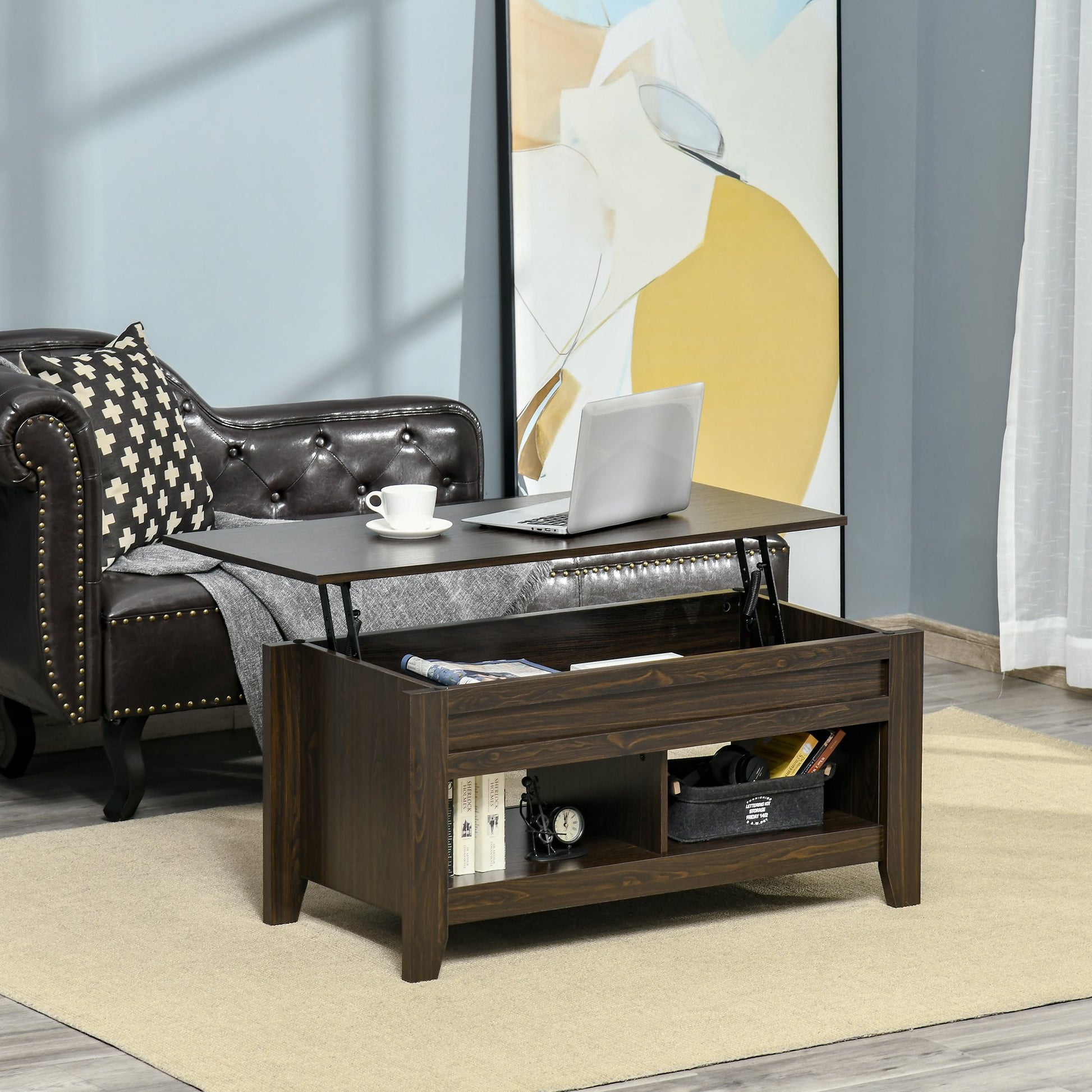 HOMCOM Lift Top Coffee Table with Hidden Storage Compartment and Open - Castle Anna