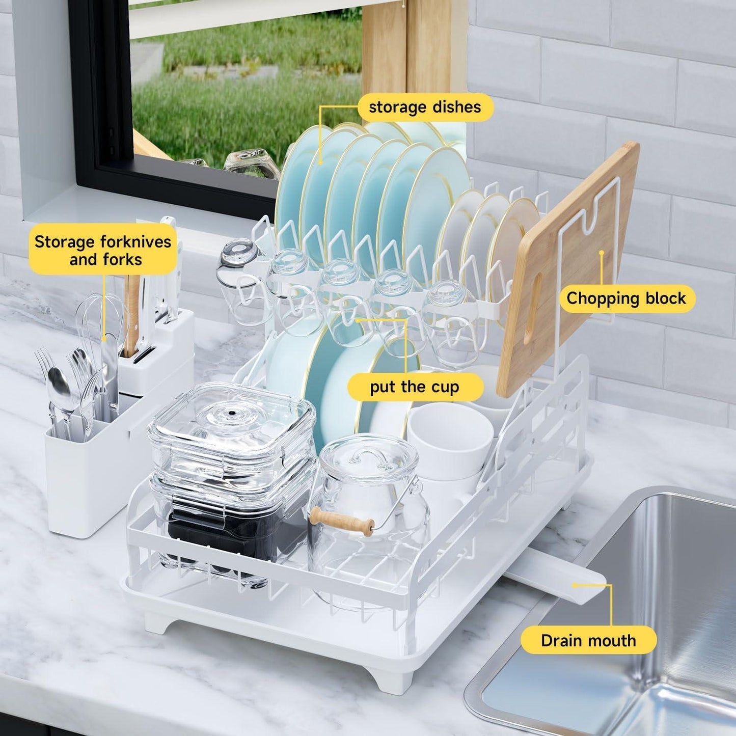Double Layer Kitchen Dish Drain Rack With Cup Rack And Cutlery Rack - Castle Anna