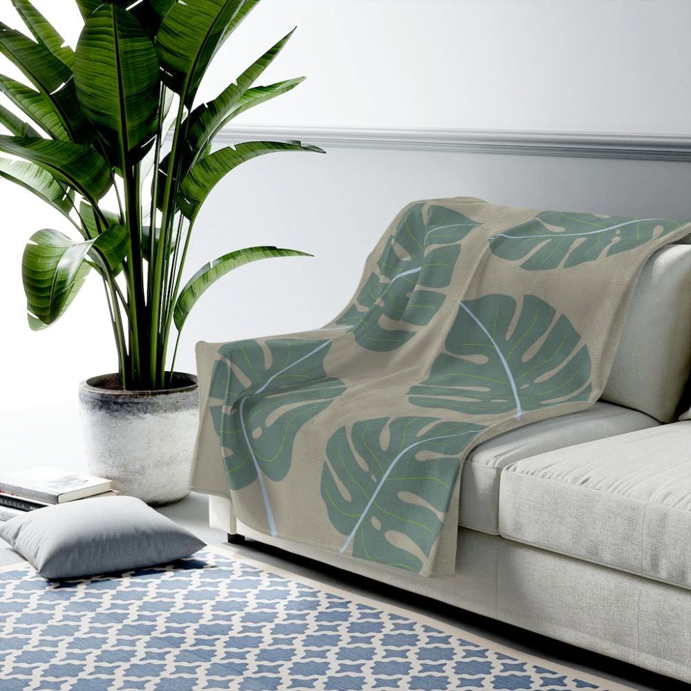Abstract Leaves Green Plush Blanket Throw - Castle Anna