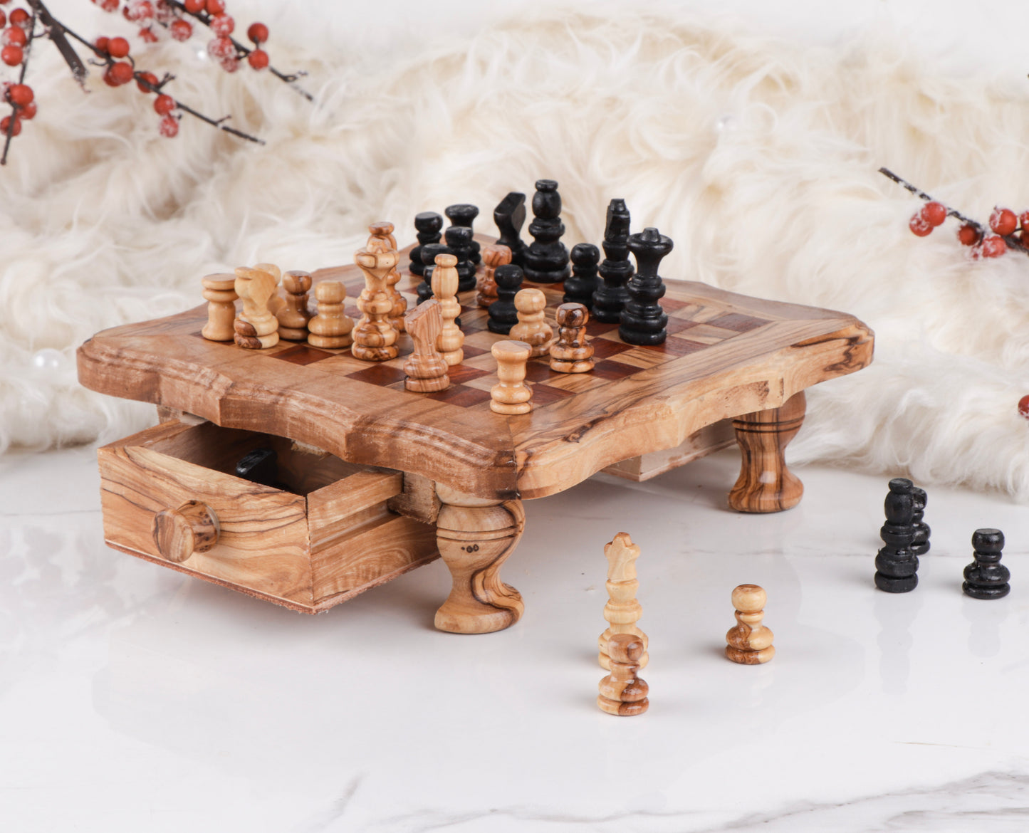 Chess Set with Wavy-Edged Board and Rustic Legs and Red Squares - Castle Anna