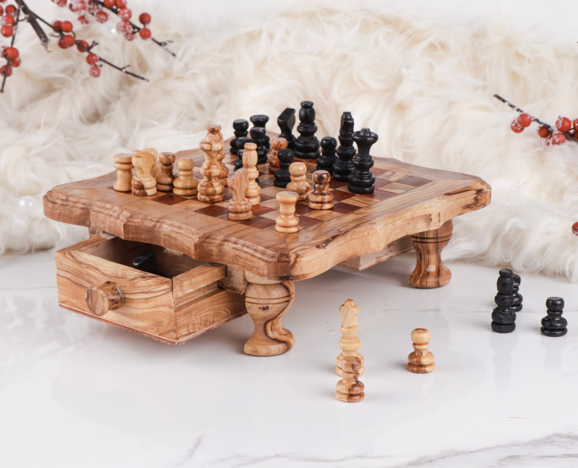 Chess Set with Wavy-Edged Board and Rustic Legs and Red Squares - Castle Anna