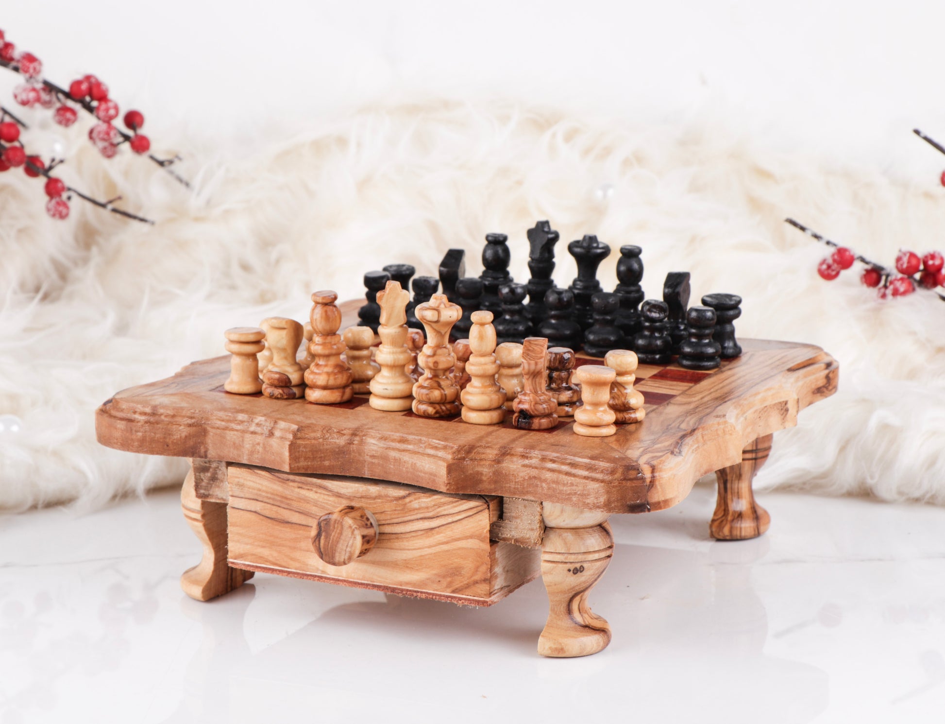 Chess Set with Wavy-Edged Board and Rustic Legs and Red Squares - Castle Anna