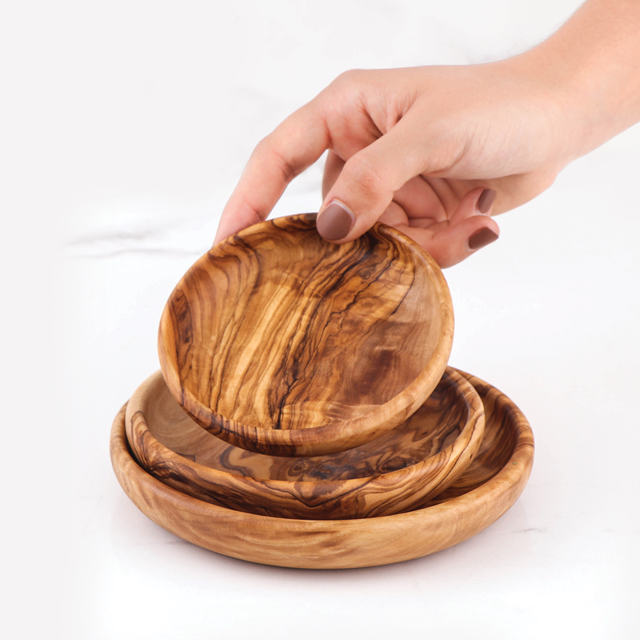 Handcrafted Tunisian Olive Wood Set of 3 Round Dipping Dishes - Castle Anna