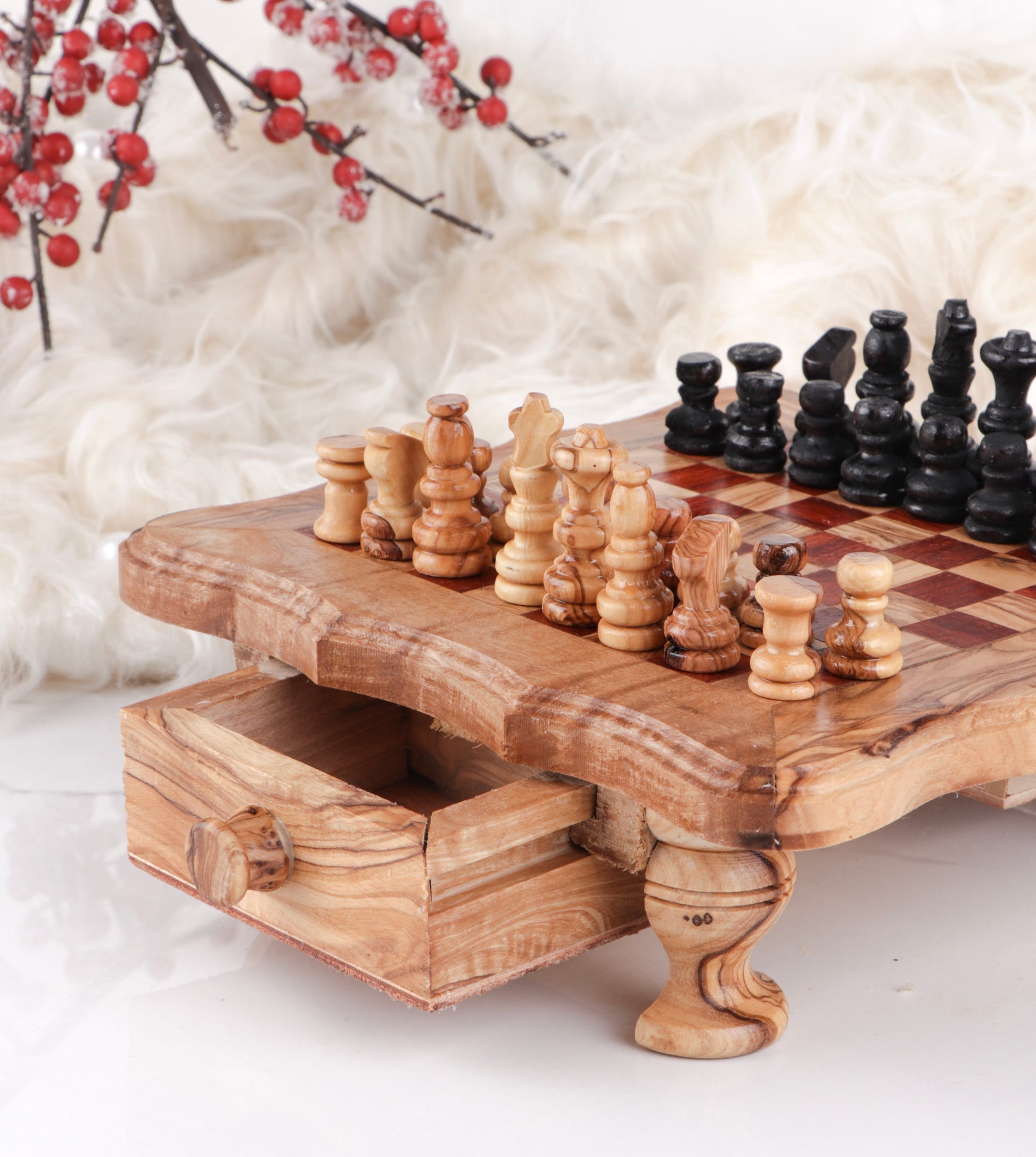 Chess Set with Wavy-Edged Board and Rustic Legs and Red Squares - Castle Anna