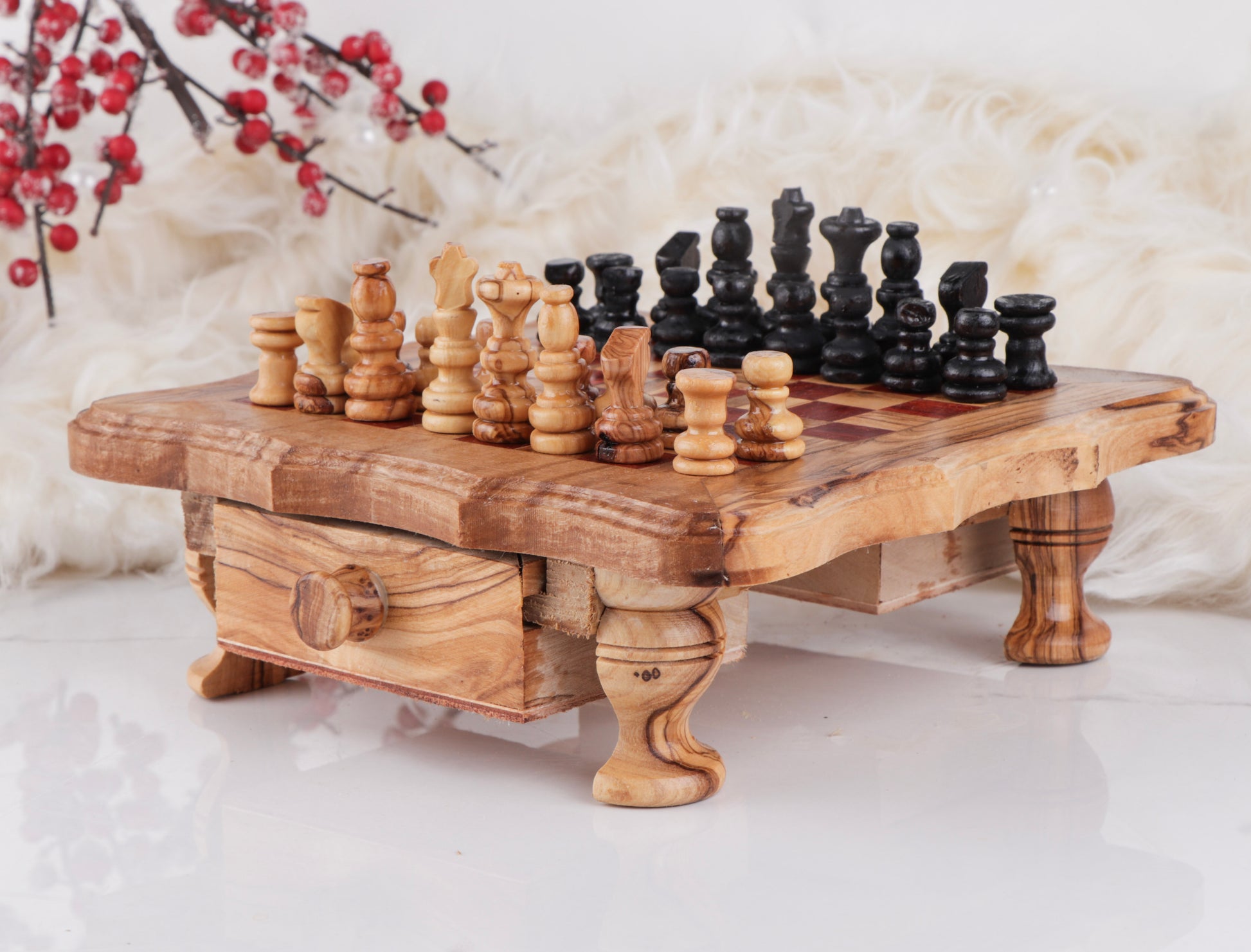 Chess Set with Wavy-Edged Board and Rustic Legs and Red Squares - Castle Anna