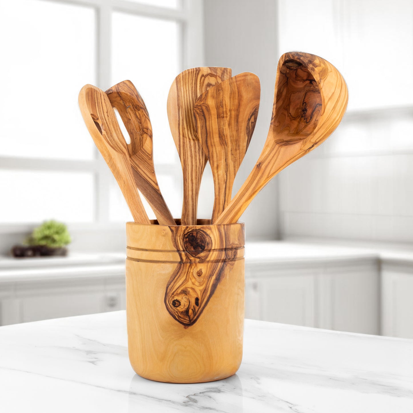 Handmade Olive Wood Kitchen Utensils Set of 5 with Wooden Holder - Castle Anna