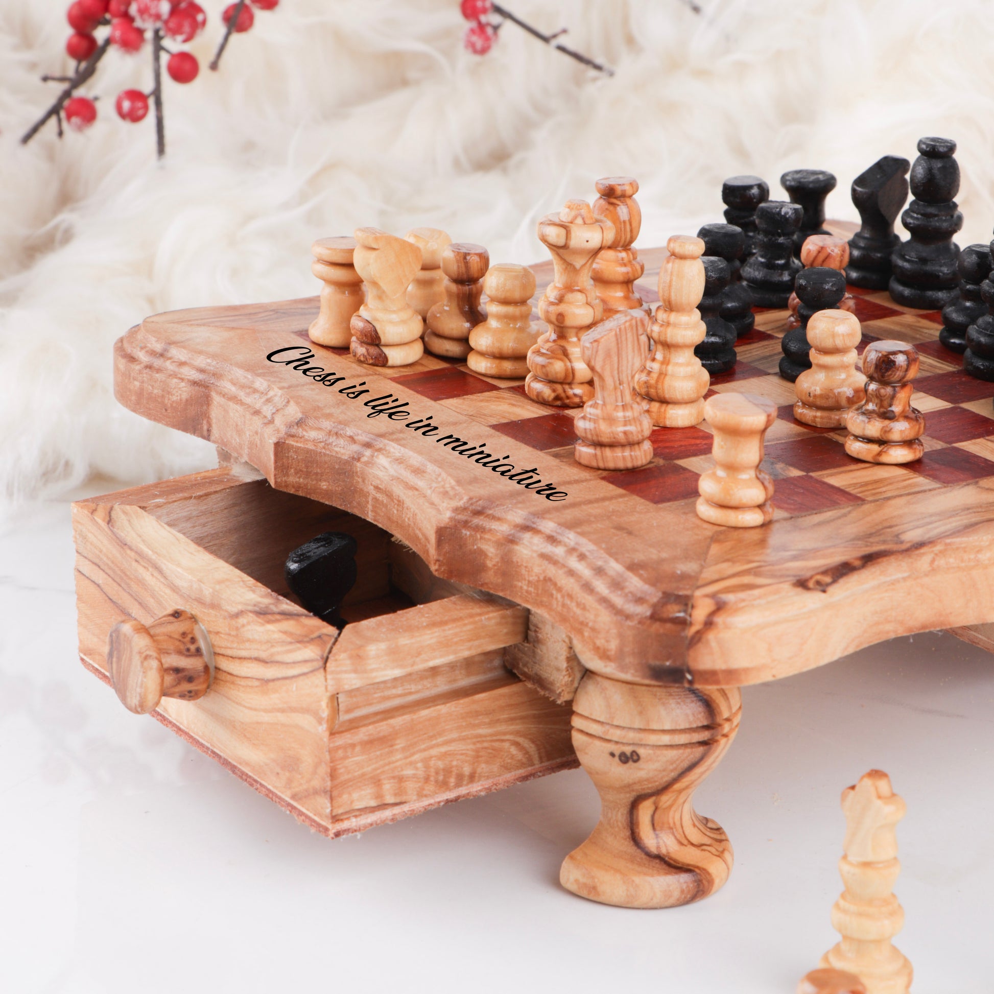 Chess Set with Wavy-Edged Board and Rustic Legs and Red Squares - Castle Anna