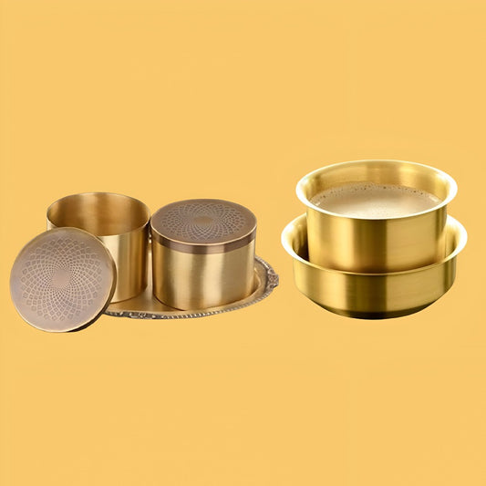 Handcrafted Brass Coffee Cup and Bowl & Tadka Pan With Wooden Handle - Castle Anna