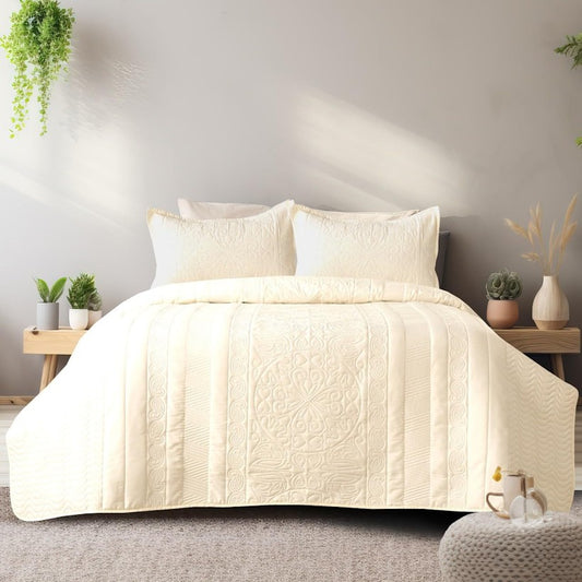 Solid King Size Cotton Premium Quilted Bedcover/Bed Sheet Set with 2 shams - Castle Anna