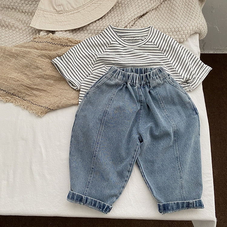 Baby Boy And Girl Light Blue Loose Vintage Style Jean Pants - Castle Anna