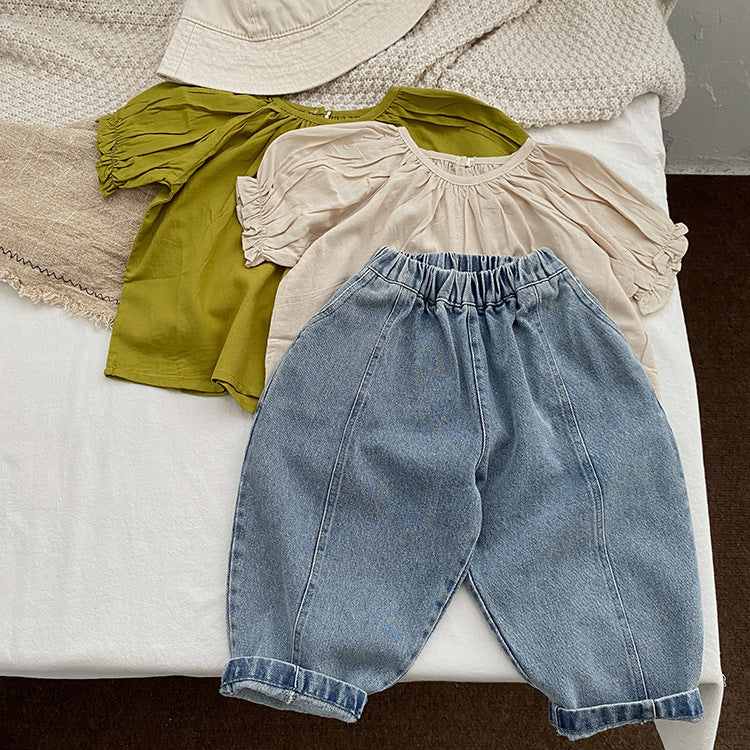 Baby Boy And Girl Light Blue Loose Vintage Style Jean Pants - Castle Anna