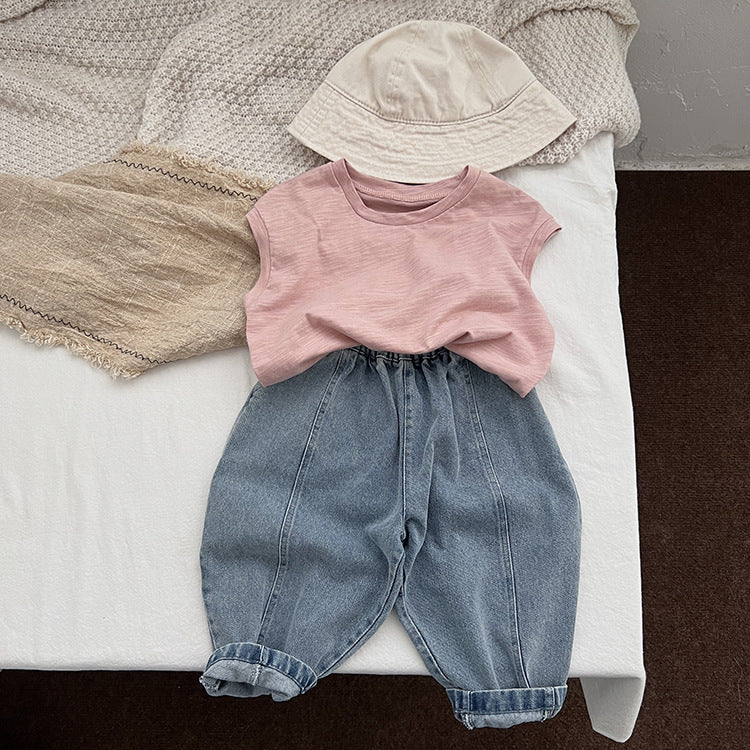 Baby Boy And Girl Light Blue Loose Vintage Style Jean Pants - Castle Anna