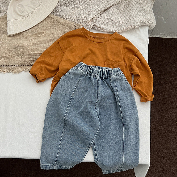 Baby Boy And Girl Light Blue Loose Vintage Style Jean Pants - Castle Anna