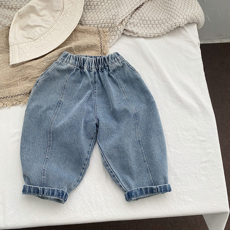 Baby Boy And Girl Light Blue Loose Vintage Style Jean Pants - Castle Anna