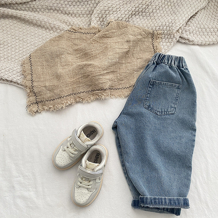 Baby Boy And Girl Light Blue Loose Vintage Style Jean Pants - Castle Anna