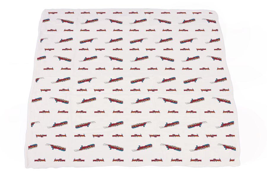 Vintage Steam Trains and Blue Stripe Bamboo Muslin Newcastle Blanket - Castle Anna