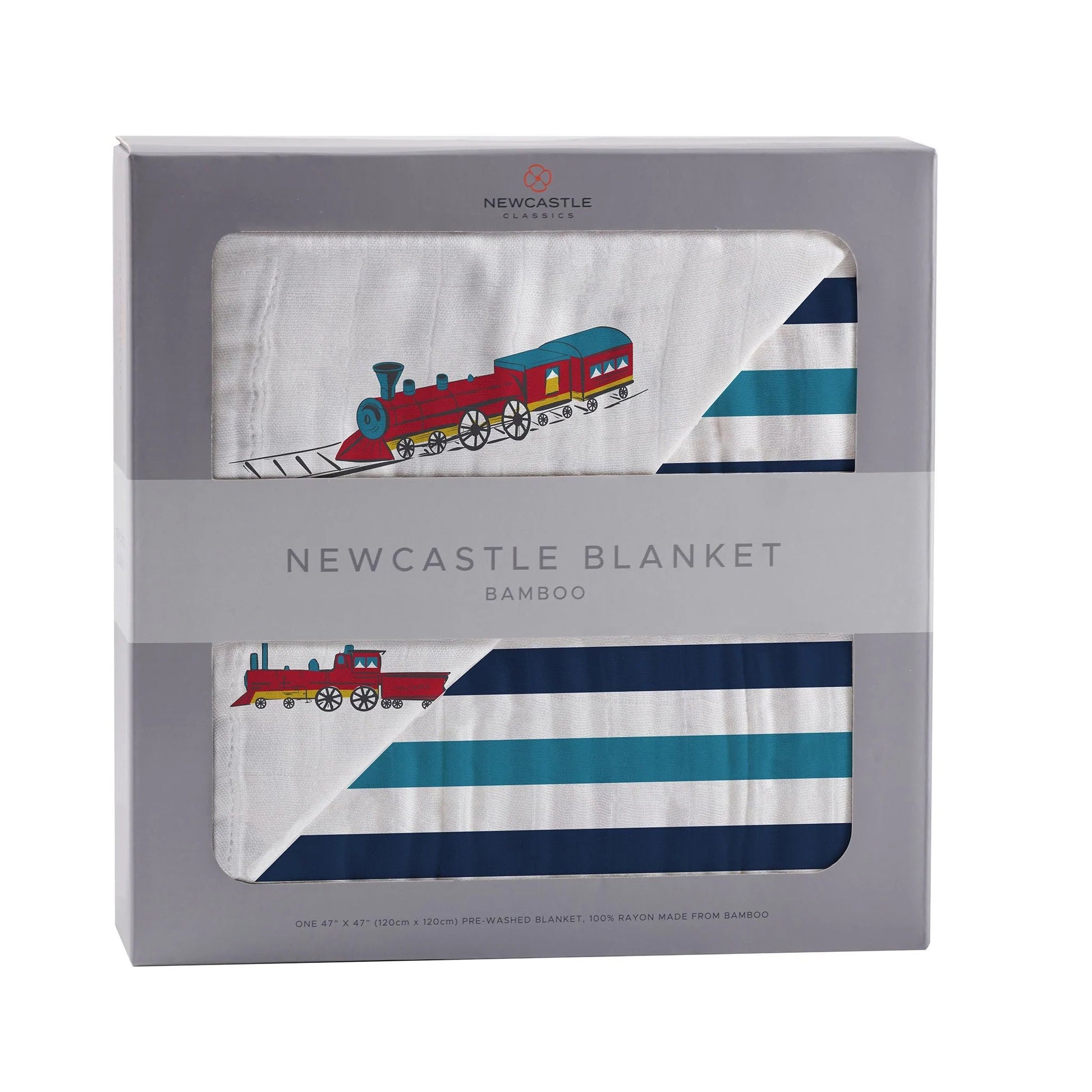 Vintage Steam Trains and Blue Stripe Bamboo Muslin Newcastle Blanket - Castle Anna