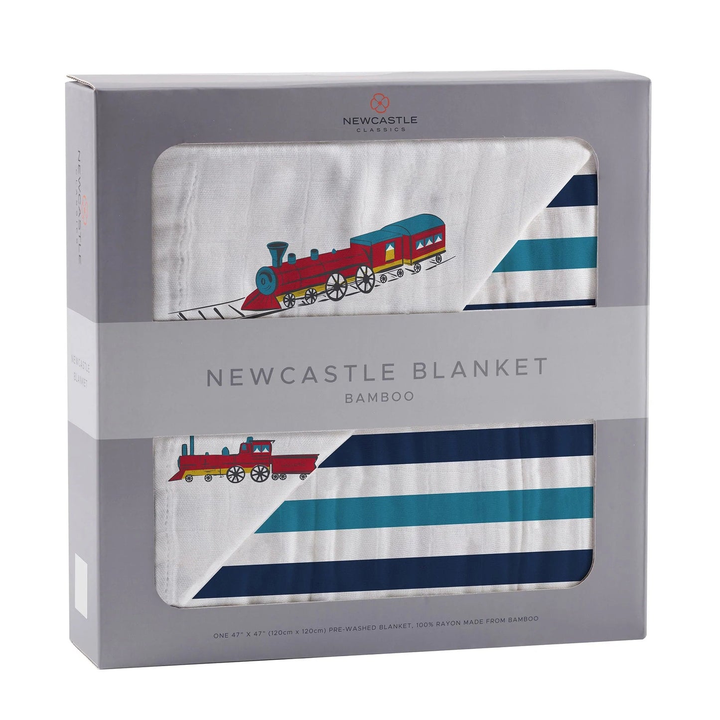 Vintage Steam Trains and Blue Stripe Bamboo Muslin Newcastle Blanket - Castle Anna