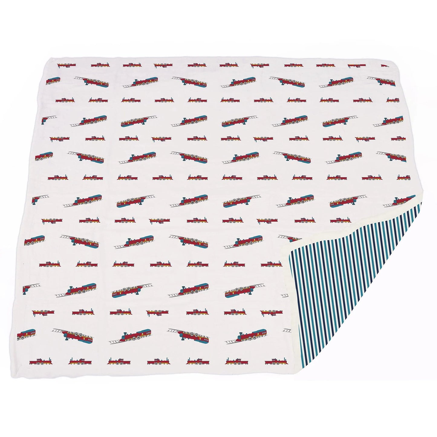 Vintage Steam Trains and Blue Stripe Bamboo Muslin Newcastle Blanket - Castle Anna