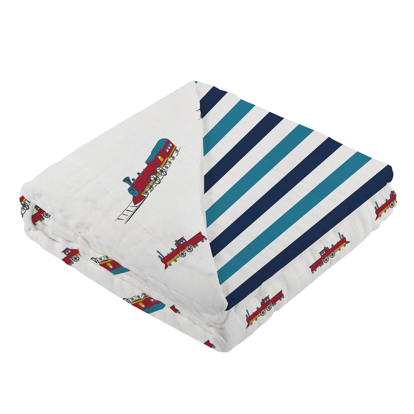 Vintage Steam Trains and Blue Stripe Bamboo Muslin Newcastle Blanket - Castle Anna